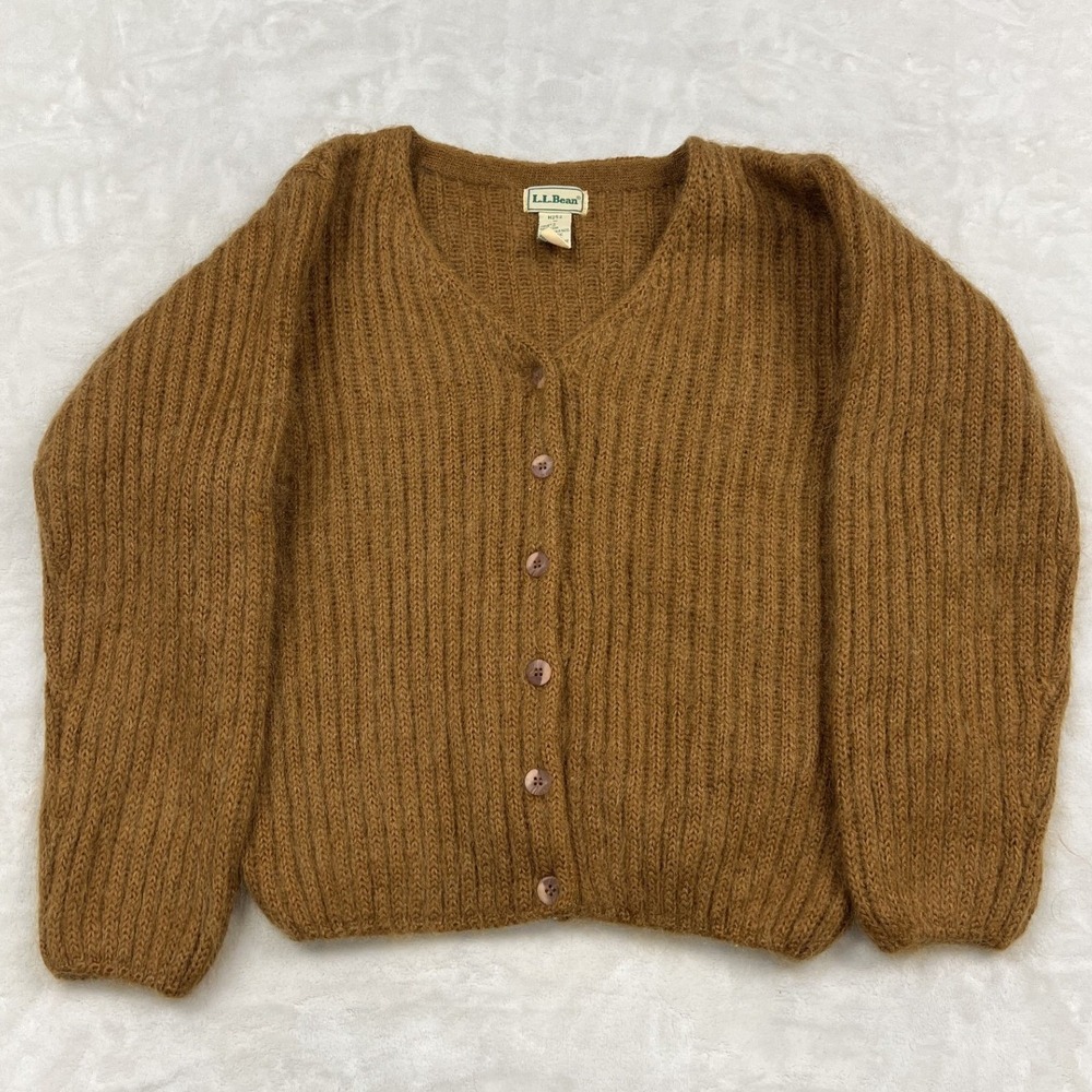 L.L. Bean Cardigan Womens M Brown Mohair Wool Blend Ribbed Knit V-Neck H252